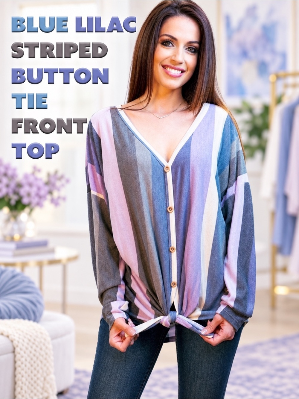 STRIPED BUTTON FRONT TIE HEM TOP NEW